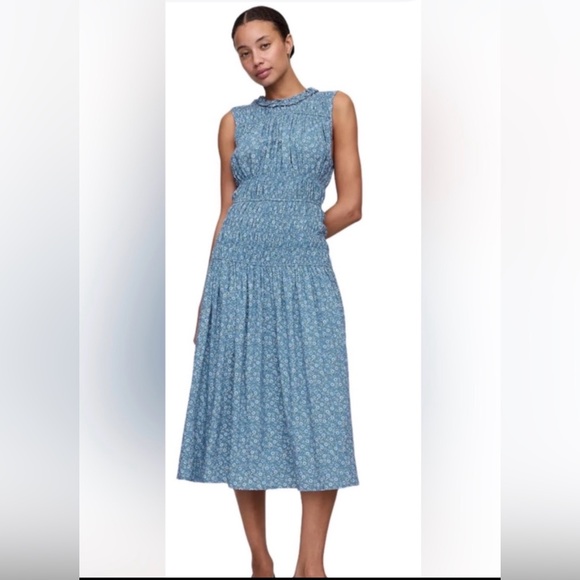 GAP Dresses & Skirts - Gap  Blue Floral Smocked Waist Midi Dress Sleeveless Ruffle Neck M